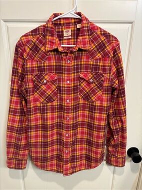Levi’s Flannel Western — Classic Pearl Snap Button-Down Shirt — Red/Yellow